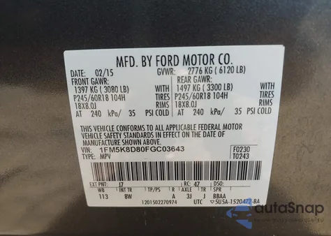 2015 Ford Explorer Xlt from USA, damaged, VIN 1FM5K8D80FGC03643